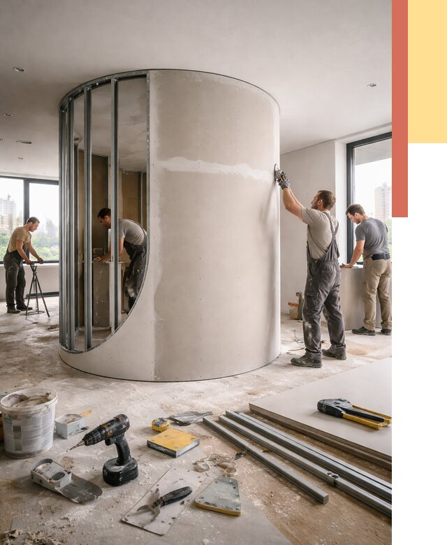 Радиусная перегородка из гипсокартона в Реже от 3176 руб. под ключ | ОТДЕЛОЧНИК-Реж