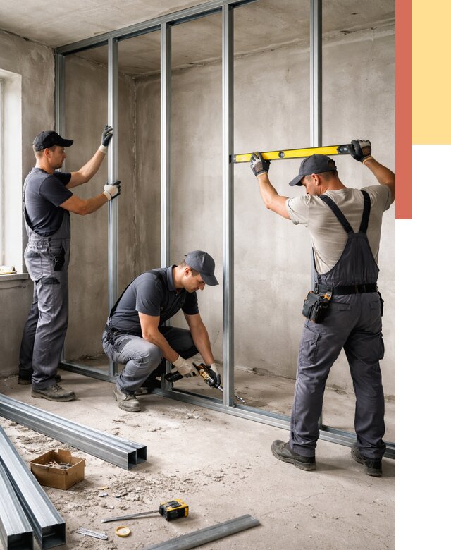 Монтаж каркаса перегородки из профиля в Реже от 821 руб. | ОТДЕЛОЧНИК-Реж