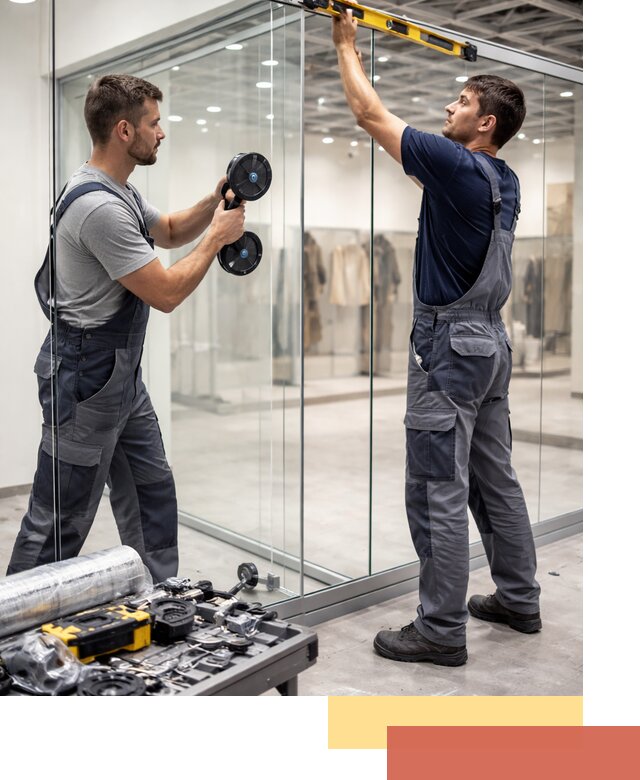 Стеклянные перегородки для магазинов в Реже — монтаж и установка