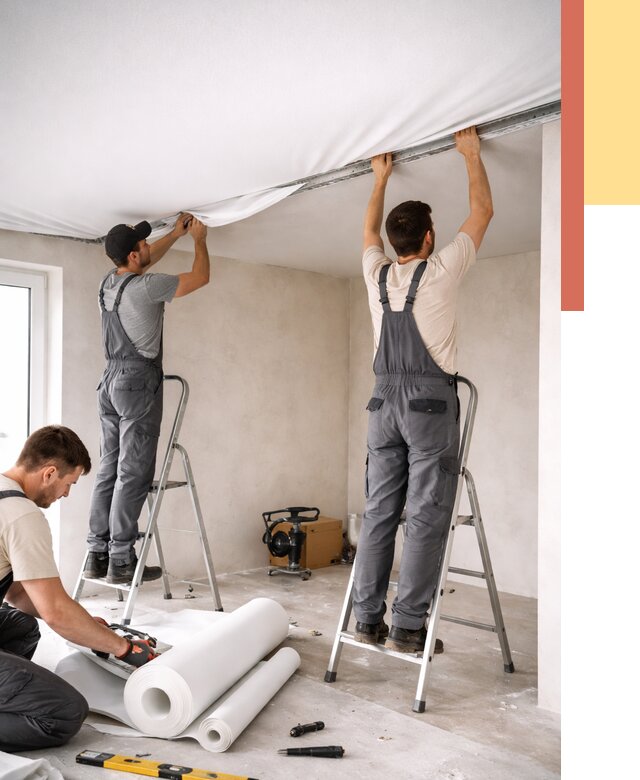 Монтаж тканевого натяжного потолка в Реже от 3834 руб. под ключ | ОТДЕЛОЧНИК-Реж