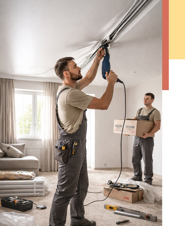 Монтаж сатинового натяжного потолка в Реже от 3834 руб. | Быстро, недорого — ОТДЕЛОЧНИК-Реж