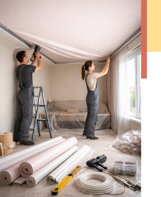 Монтаж цветного натяжного потолка в Реже от 4600 руб/м² — быстро и недорого | ОТДЕЛОЧНИК-Реж