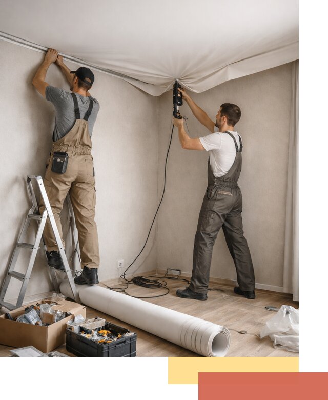 Монтаж цветного натяжного потолка в Реже за один день