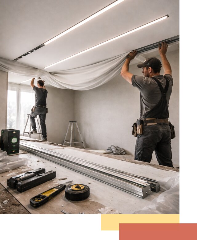 Монтаж натяжных потолков со световыми линиями в Реже