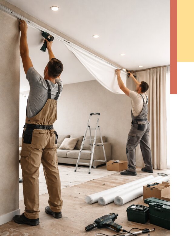 Монтаж натяжного потолка в гостиной в Реже от 602 руб. | ОТДЕЛОЧНИК-Реж