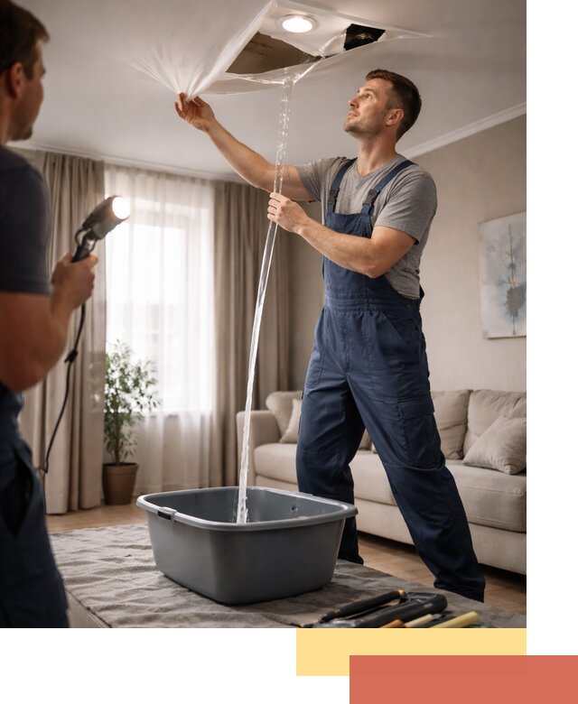 Слив воды с натяжного потолка в Реже быстро и аккуратно