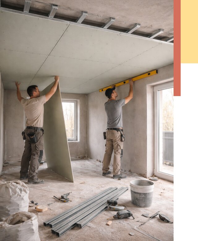 Одноуровневый потолок из гипсокартона в Реже от 821 руб. — монтаж под ключ | ОТДЕЛОЧНИК-Реж