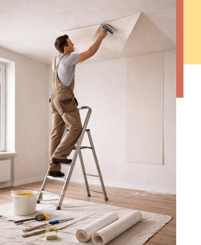 Поклейка обоев на потолок в Реже от 4929 руб. быстро и недорого | ОТДЕЛОЧНИК-Реж